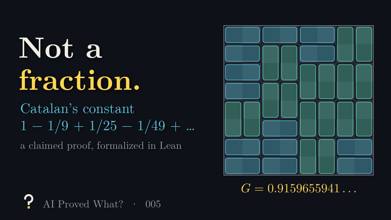 Play Episode 005: Not a fraction. Catalan’s constant, 1 − 1/9 + 1/25 − 1/49 + …, beside a chessboard tiled with dominoes and the value G = 0.9159655941…