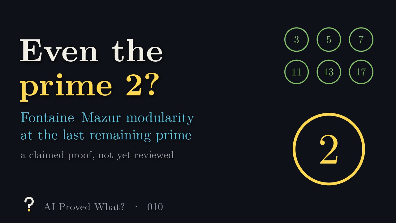 Play Episode 010: Even the prime 2? Fontaine–Mazur modularity at the last remaining prime. Green circles around the odd primes 3 to 17, and a large gold circle around 2.