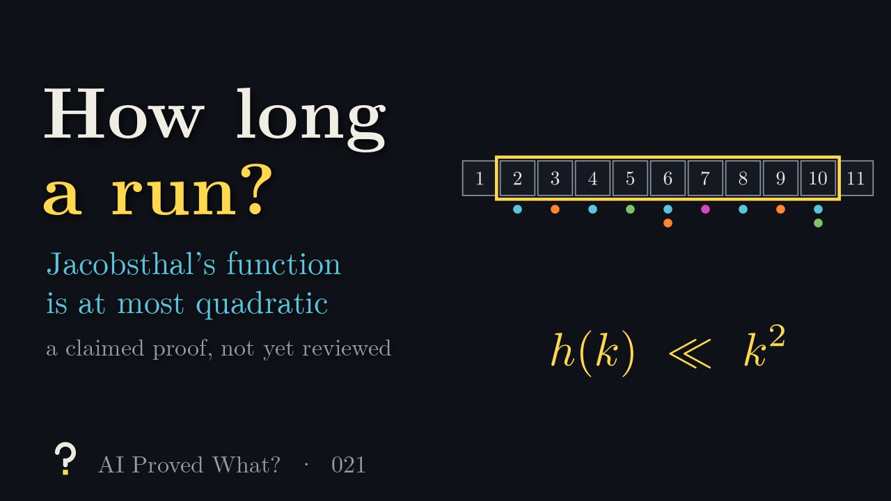Play Episode 021: How long a run? Jacobsthal’s function is at most quadratic. The integers 1 to 11 in boxes, with 2 through 10 outlined in gold and colored dots marking divisibility by 2, 3, 5 and 7, above h(k) ≪ k².