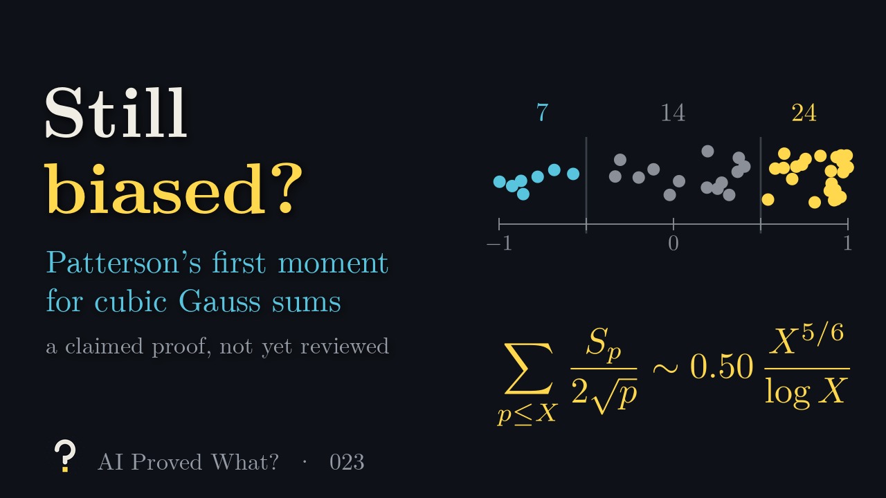 Play Episode 023: Still biased? Patterson’s first moment for cubic Gauss sums. Kummer’s 45 values on a line from −1 to 1, split 7, 14 and 24 between the bottom, middle and top thirds, above the sum of S_p/(2√p) approximately 0.50 X^(5/6)/log X.