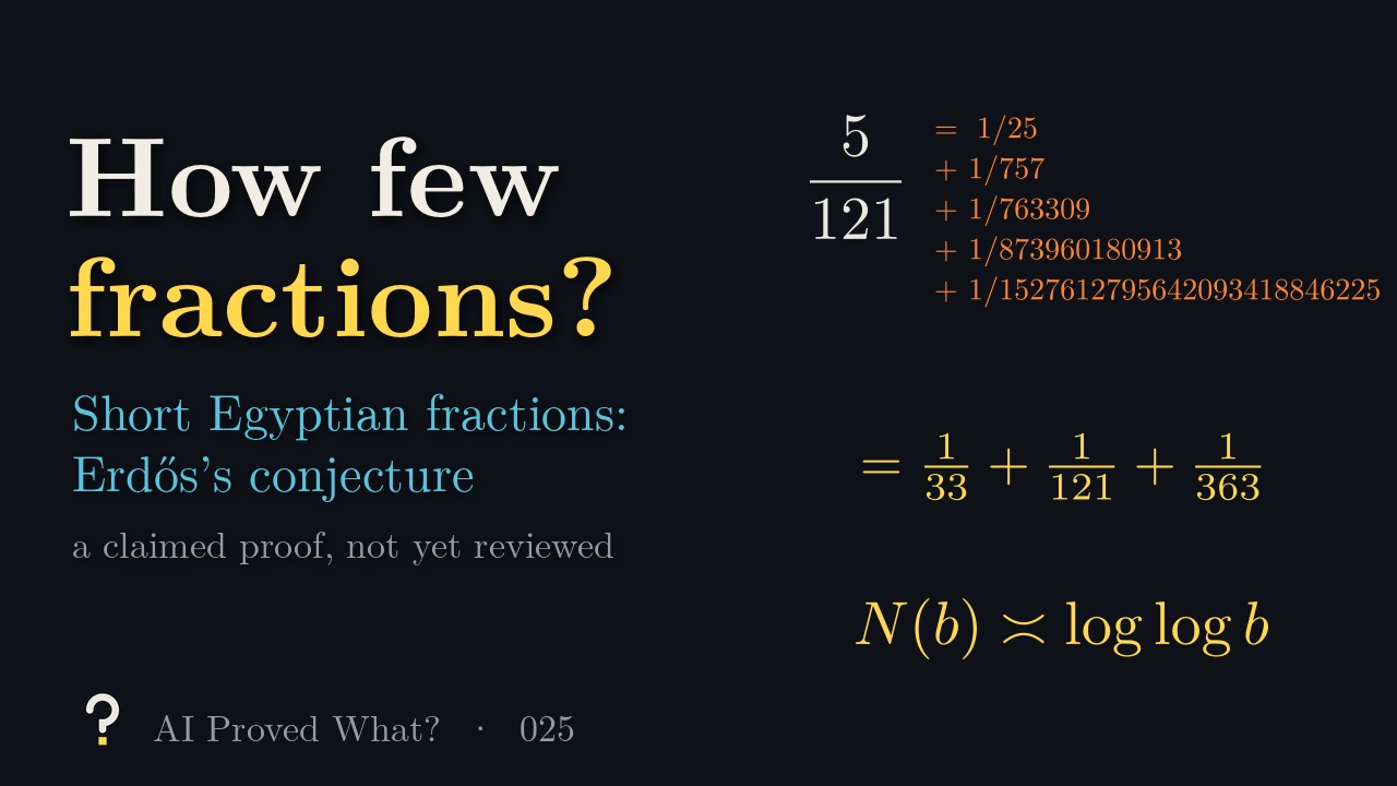 Play Episode 025: How few fractions? Short Egyptian fractions, Erdős’s conjecture. 5/121 written greedily as five unit fractions ending in a 25-digit denominator, and as 1/33 + 1/121 + 1/363, above N(b) of order log log b.