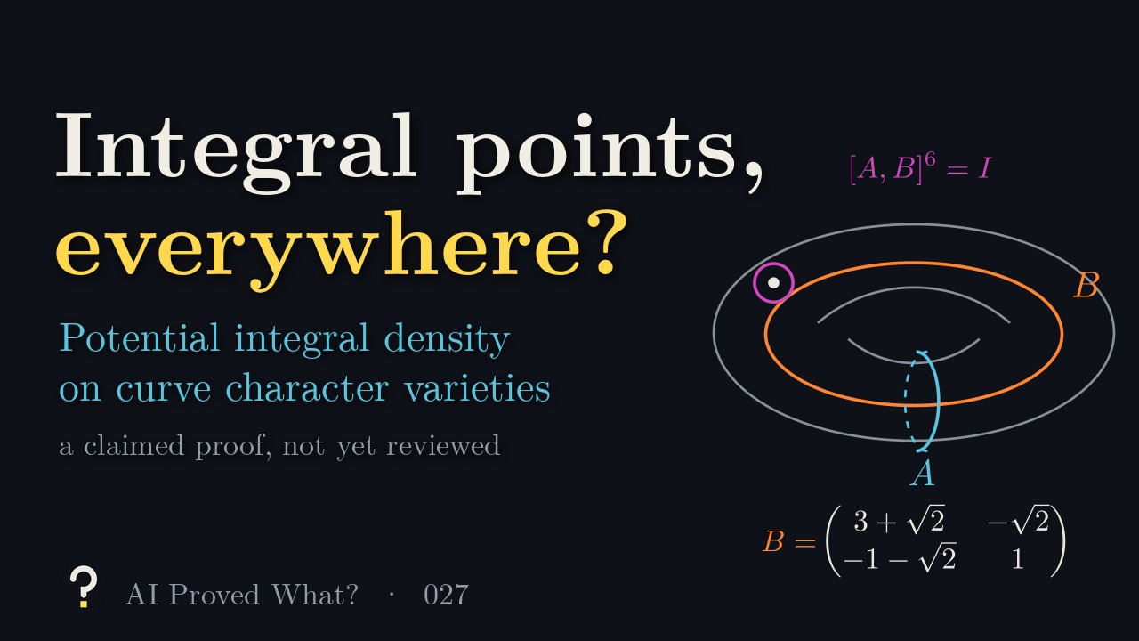 Play Episode 027: Integral points, everywhere? Potential integral density on curve character varieties. A torus with one puncture, its loops labeled A and B, and a matrix B with entries involving the square root of two, above the relation that the commutator of A and B to the sixth power is the identity.