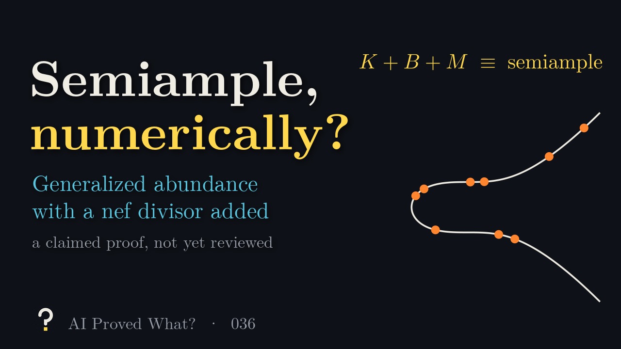 Play Episode 036: Semiample, numerically? Generalized abundance with a nef divisor added. The curve y squared equals x cubed plus 17 with orange multiples of a point of infinite order, under K plus B plus M numerically equivalent to semiample.