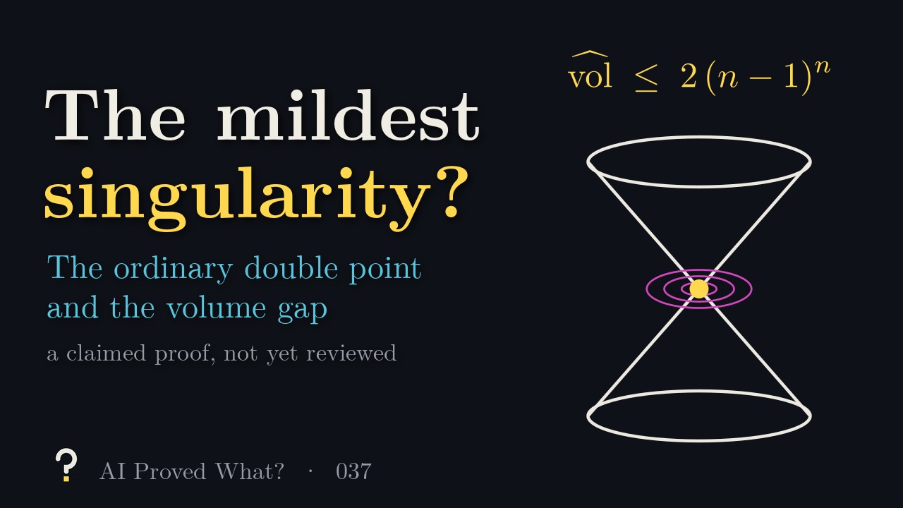 Play Episode 037: The mildest singularity? The ordinary double point and the volume gap. A double cone with its tip marked in yellow and rings around it, under the bound normalized volume at most 2 times n minus 1 to the n.