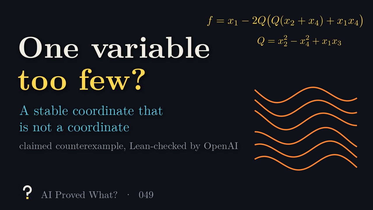 Play Episode 049: One variable too few? A stable coordinate that is not a coordinate. Six wavy orange level curves under the formulas f equals x1 minus 2Q times (Q times (x2 plus x4) plus x1 x4), and Q equals x2 squared minus x4 squared plus x1 x3.