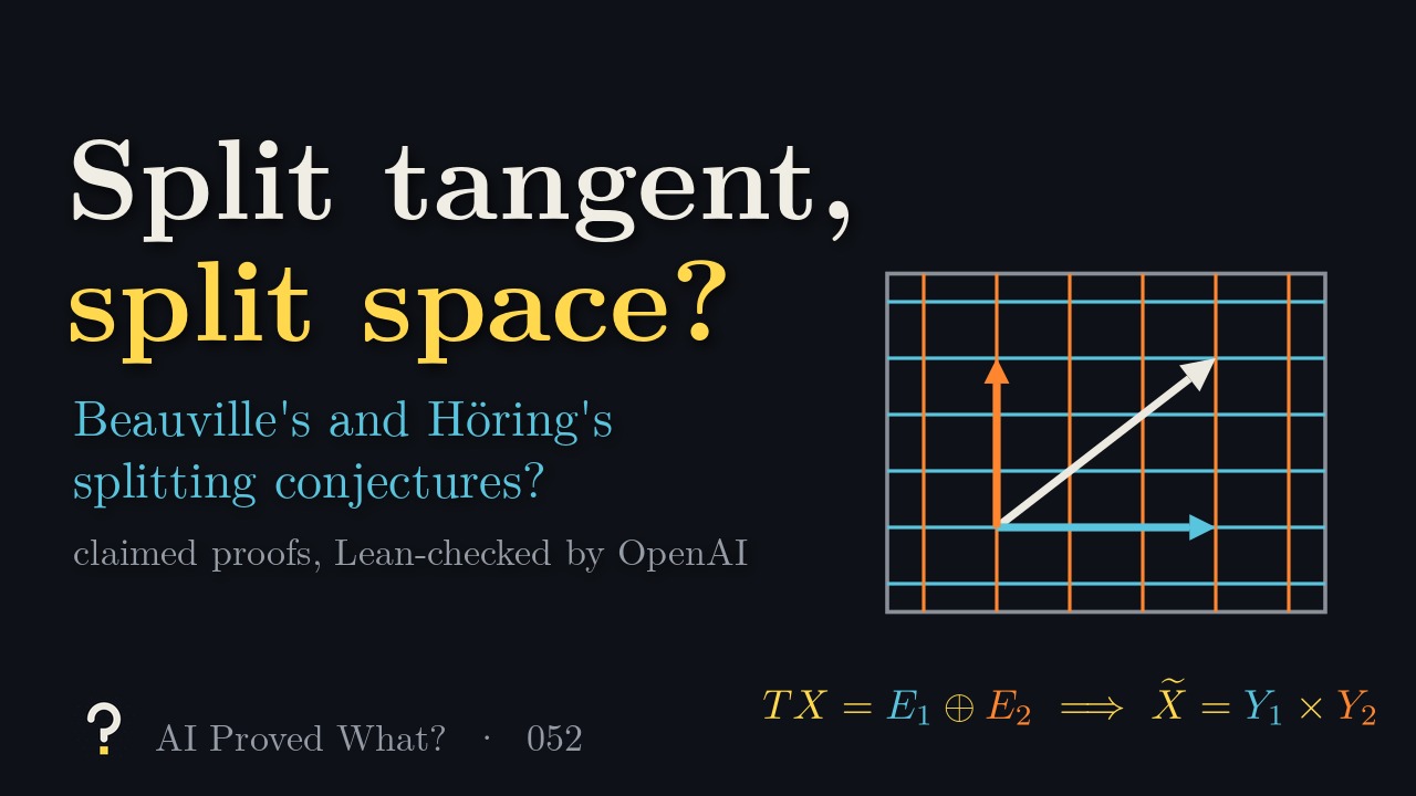 Play Episode 052: Split tangent, split space? A rectangle crossed by blue horizontal and orange vertical lines, with a white tangent vector split into a blue and an orange arrow, above TX = E1 plus E2 implies the universal cover is Y1 times Y2.