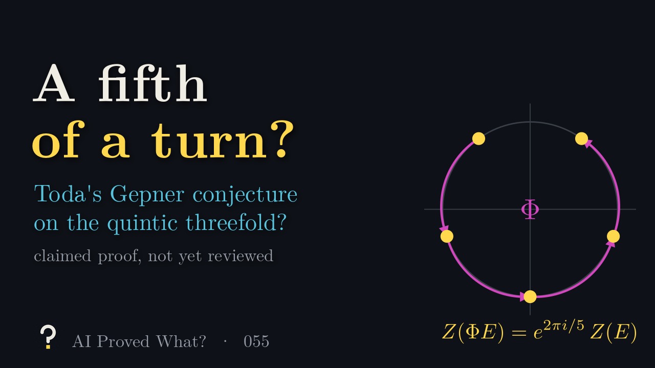Play Episode 055: A fifth of a turn? Five yellow points on a circle joined by pink arrows around the letter Phi, above Z of Phi E equals e to the 2 pi i over 5 times Z of E.