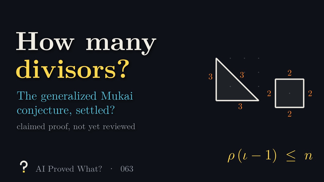 Play Episode 063: How many divisors? A triangle with edges labeled 3 and a square with edges labeled 2, the toric pictures of the projective plane and of a product of two projective lines, above the inequality rho times iota minus one is at most n.