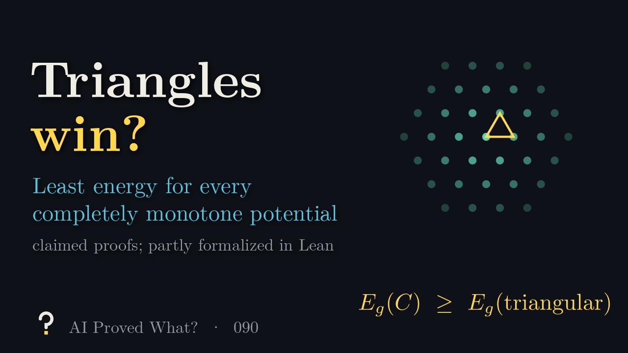 Play Episode 090: Triangles win? A patch of the triangular lattice in teal dots with one equilateral triangle outlined in gold, above the inequality: the energy of any configuration C is at least the energy of the triangular lattice.
