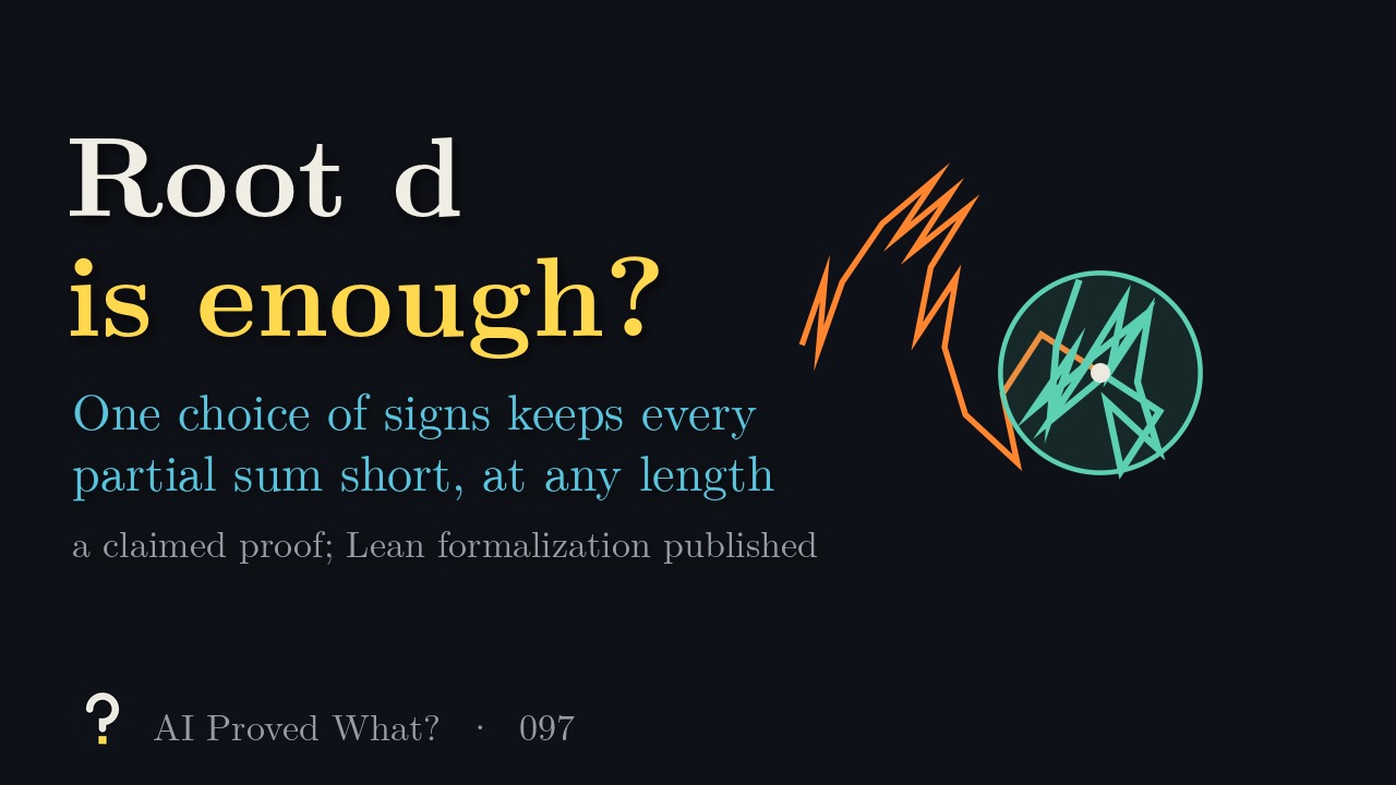 Play Episode 097: Root d is enough? An orange walk forced outward step by step, and a teal signed walk of the same vectors kept inside a small circle.