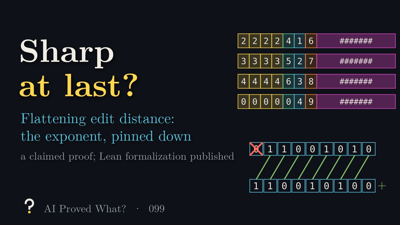Play Episode 099: Sharp at last? Rows of tagged slots followed by long markers, and a binary word with its cyclic shift aligned at a cost of two edits.