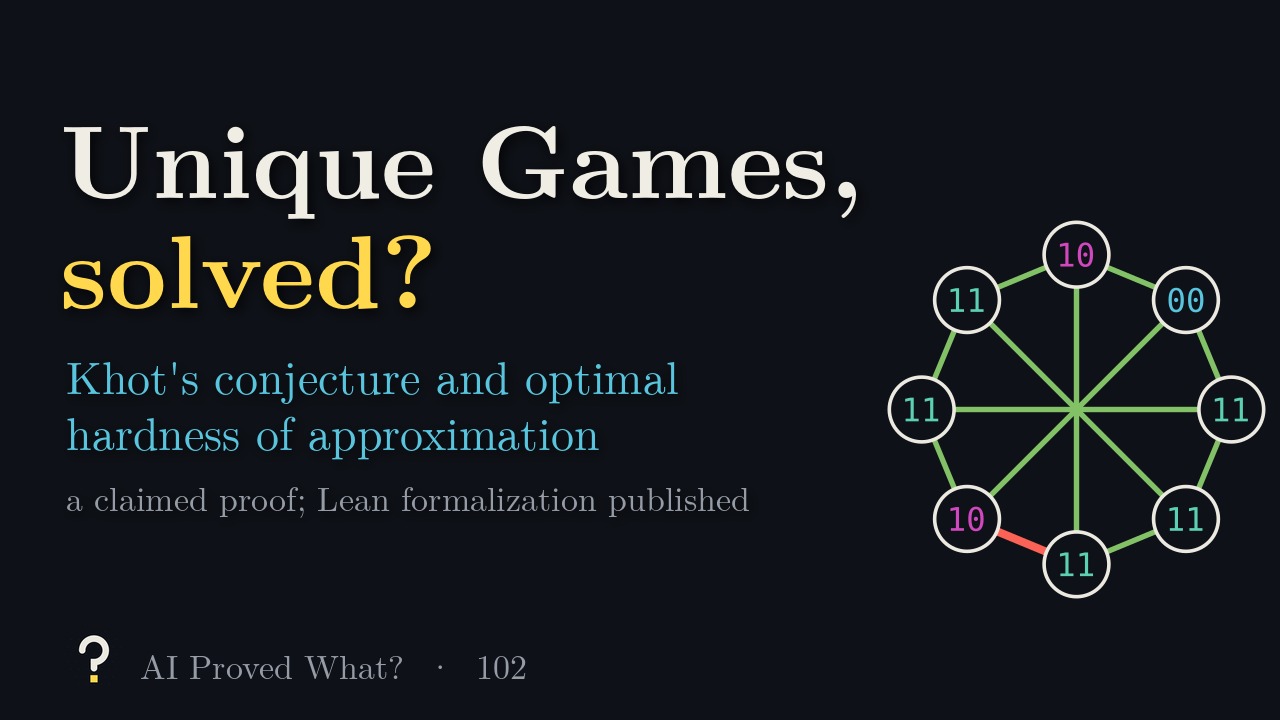 Play Episode 102: Unique Games, solved? A small unique game on eight vertices with two-bit labels, all constraints satisfied but one.