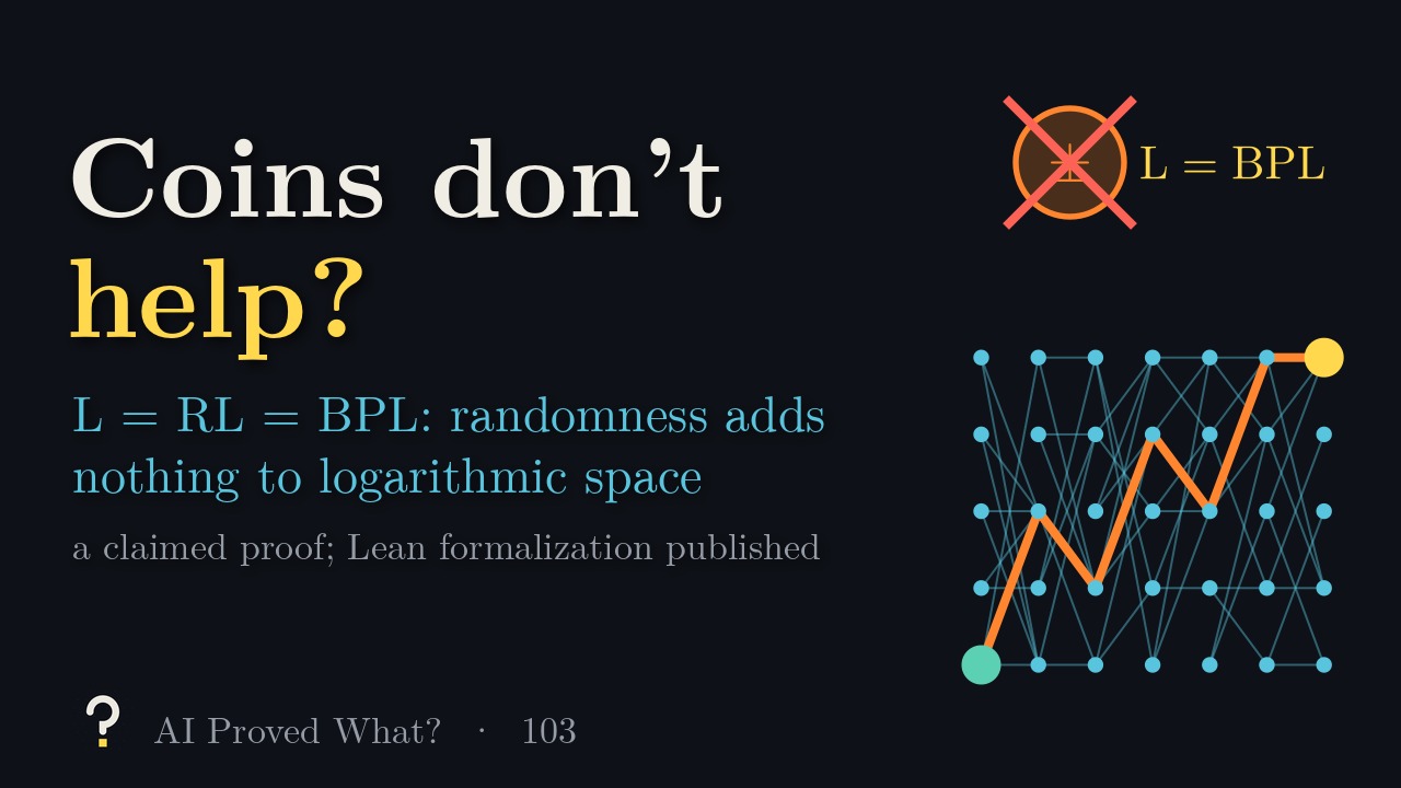 Play Episode 103: Coins don’t help? A time-layered configuration graph with one random path from the start to acceptance, and a crossed-out coin.
