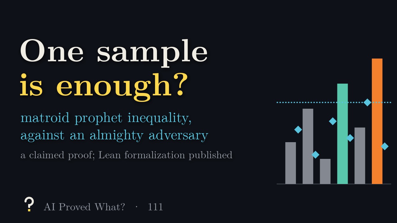 Play Episode 111: One sample is enough? Bars for arriving values, a sample marker beside each, a dashed threshold, the gambler’s pick in teal and the prophet’s maximum in orange.