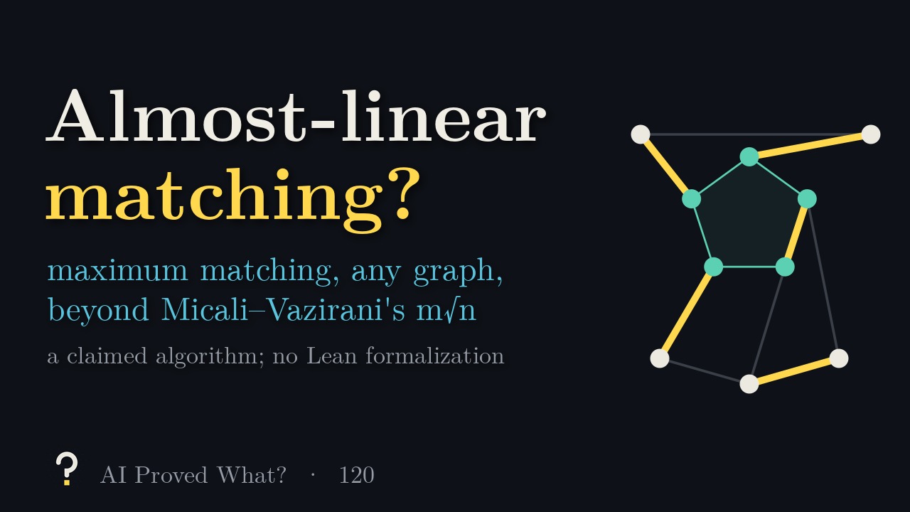 Play Episode 120: Almost-linear matching? A graph with a five-vertex odd cycle and a perfect matching highlighted.