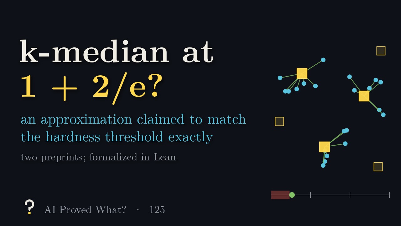Play Episode 125: k-median at 1 + 2/e? Clients joined to three open facilities, and the factor on a number line.