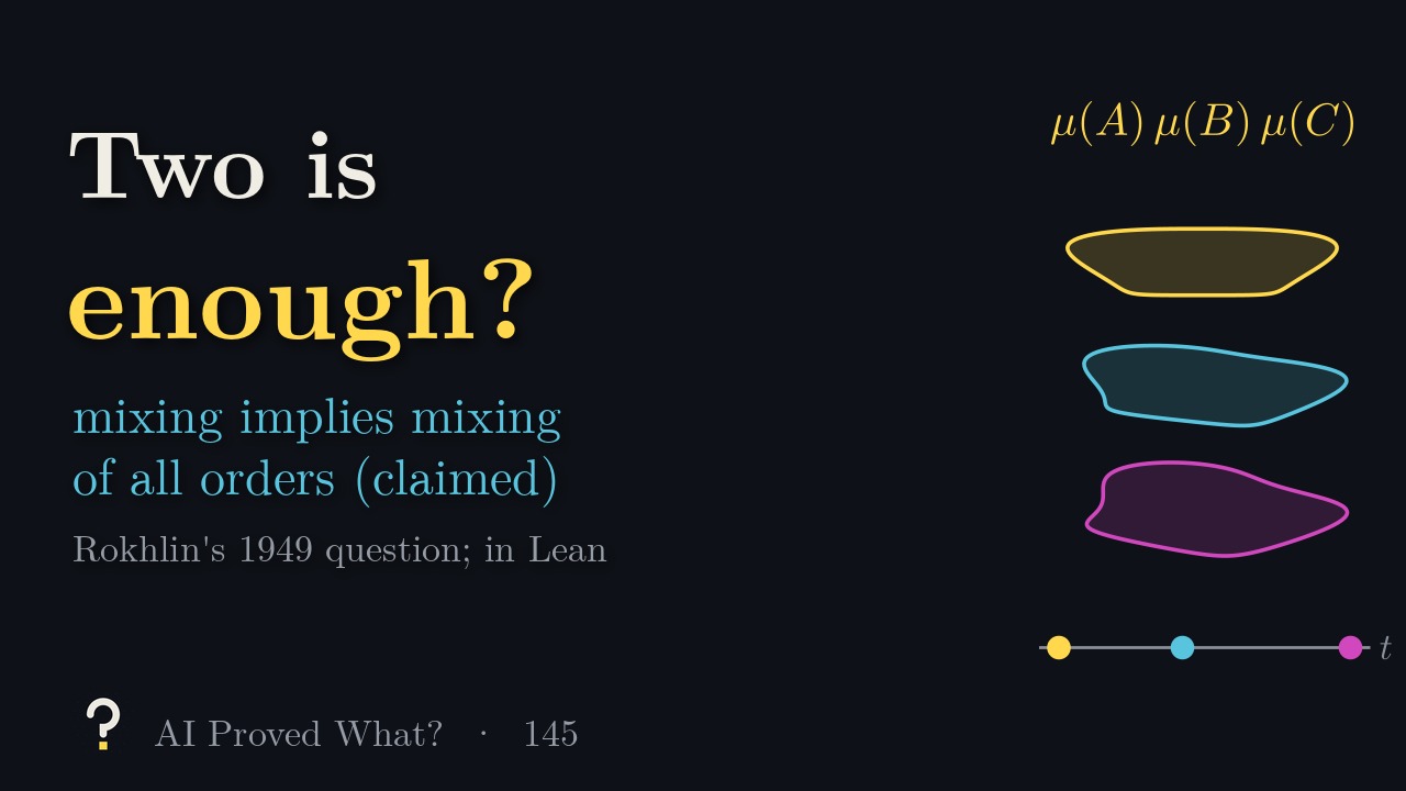 Play Episode 145: Two is enough? Three swirled sets stacked above a time line with three far-apart points, under the product mu(A) mu(B) mu(C).