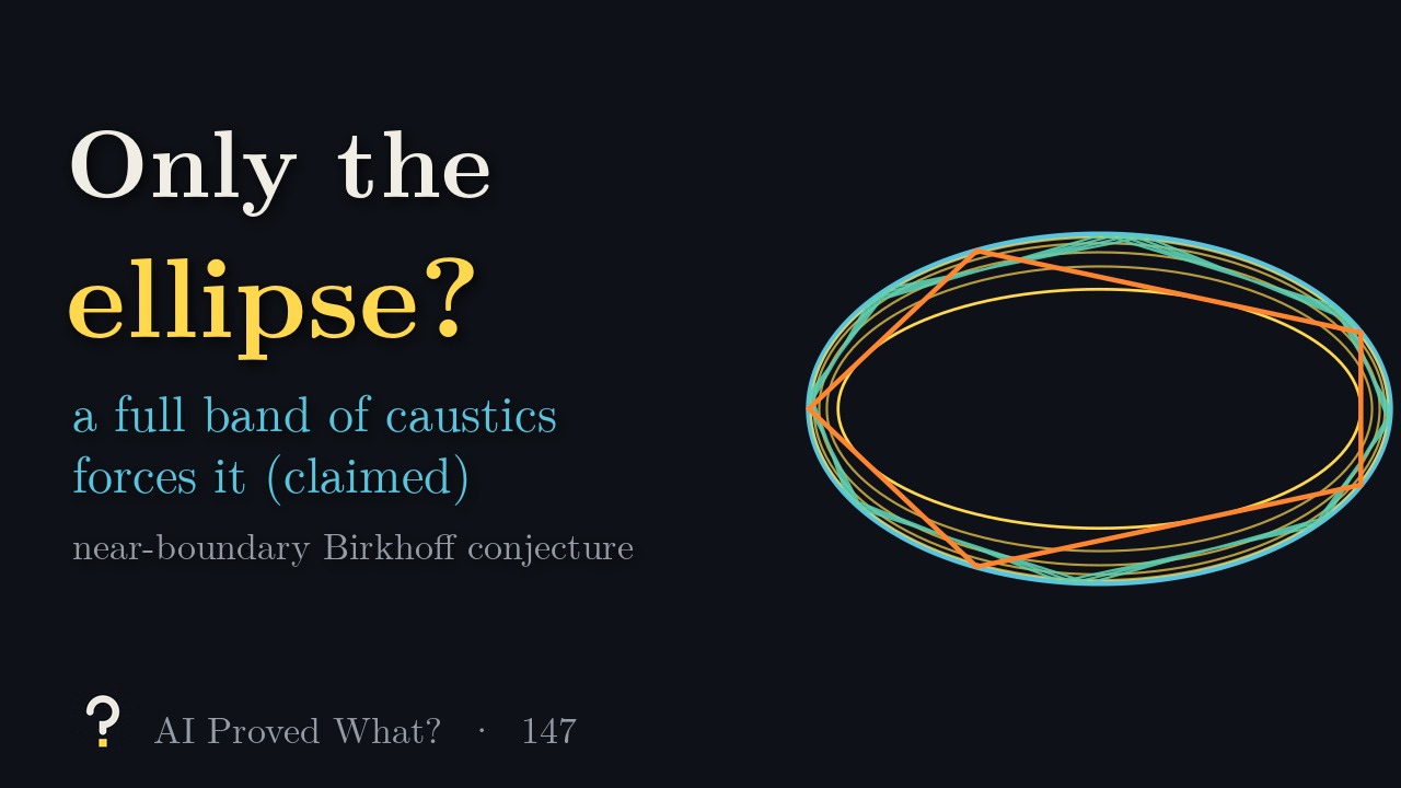 Play Episode 147: Only the ellipse? An elliptical billiard table with nested confocal caustics, the path of a ball and a five-bounce periodic orbit.