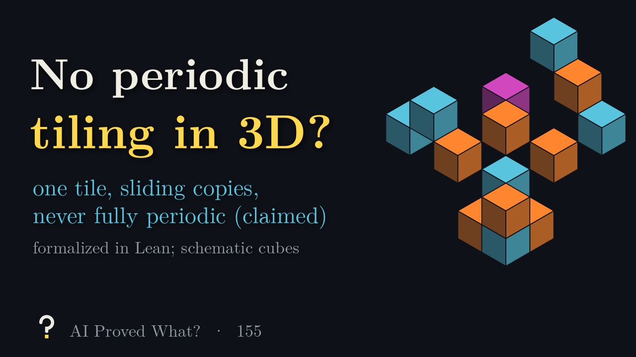 Play Episode 155: No periodic tiling in 3D? A schematic tile made of separate unit cubes, drawn in perspective.