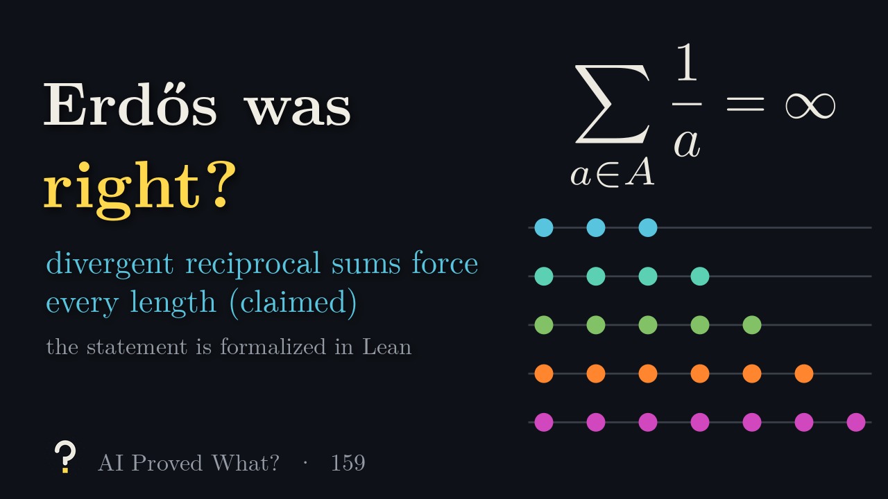 Play Episode 159: Erdős was right? The sum of 1 over a for a in A equals infinity, above five rows of evenly spaced dots of lengths three to seven.