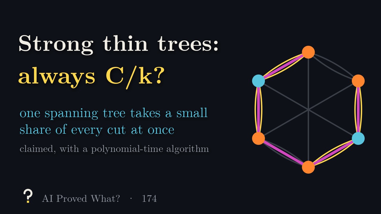 Play Episode 174: Strong thin trees: always C/k? A multigraph with doubled sides and three diagonals, a spanning path in pink, and its worst cut, with dots coloured by side and crossing links in yellow (our drawing).