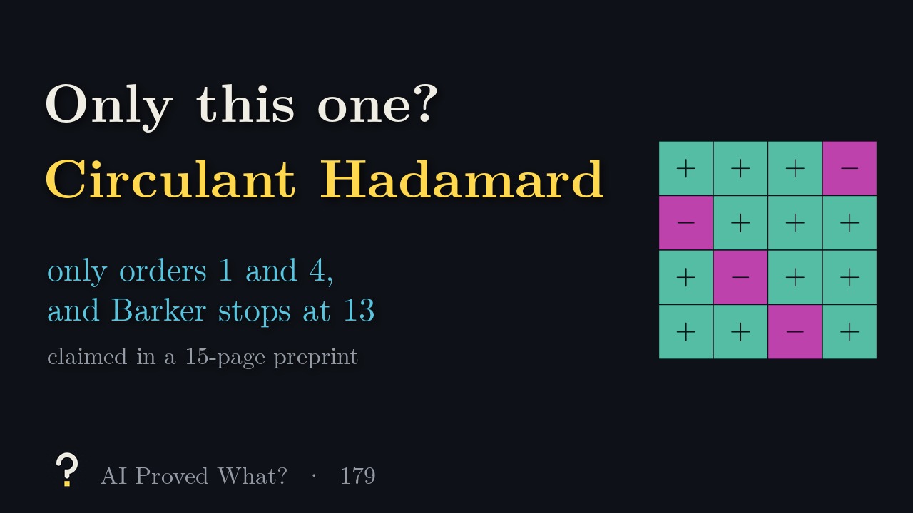 Play Episode 179: Only orders 1 and 4? The 4 by 4 circulant Hadamard matrix, plus and minus signs in teal and pink, each row the one above shifted one step (our drawing).
