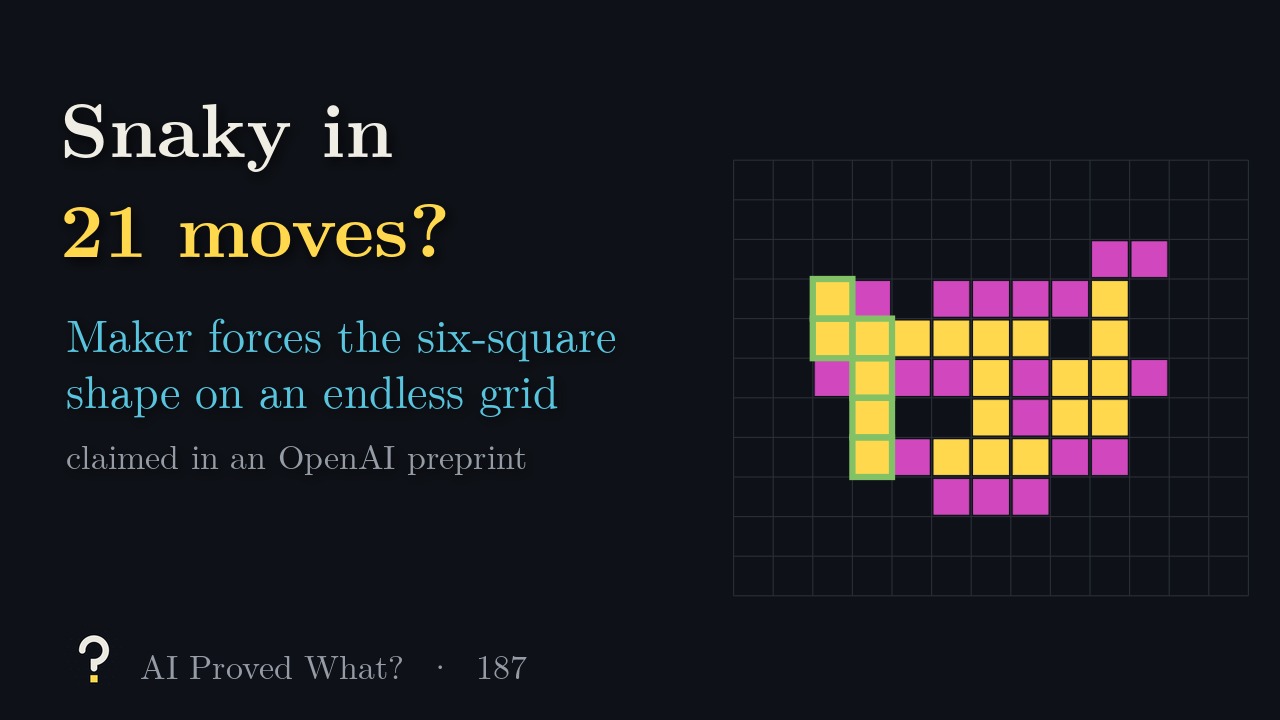 Play Episode 187: Snaky in 21 moves? A grid with Maker's 21 yellow squares and Breaker's 20 pink squares at the end of a game, and the completed six-square Snaky outlined in green (our worst-case game against the paper's strategy).