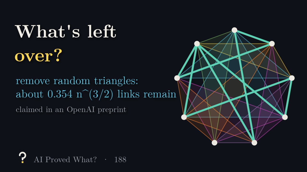 Play Episode 188: What's left over? Nine dots on a circle, the nine triangles removed in one random run drawn faintly, and the nine leftover links in teal (our run).
