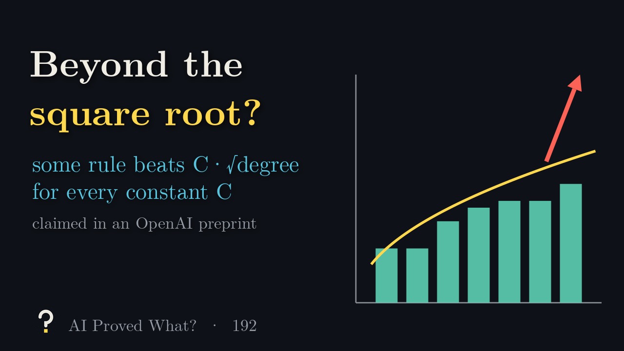 Play Episode 192: Beyond the square root? Bars of the largest sum of linear coefficients by degree for 7 coins (ours), under the square-root curve, with an arrow breaking above it.