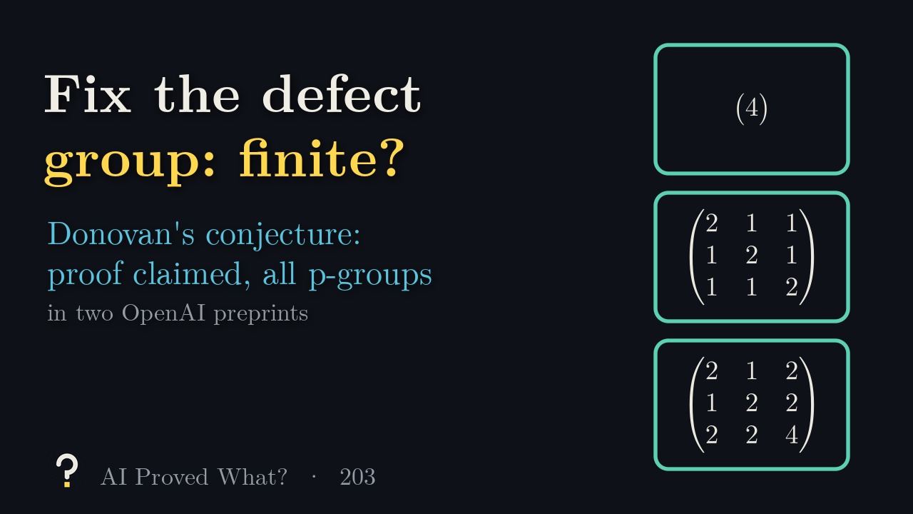 Play Episode 203: Fix the defect group: finite? Three boxes holding the Cartan matrices of the three kinds of Klein-four blocks.