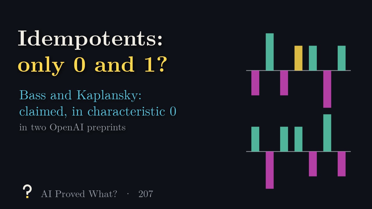 Play Episode 207: Idempotents: only 0 and 1? Two rows of bars showing the coefficients of an idempotent in the infinite dihedral group.