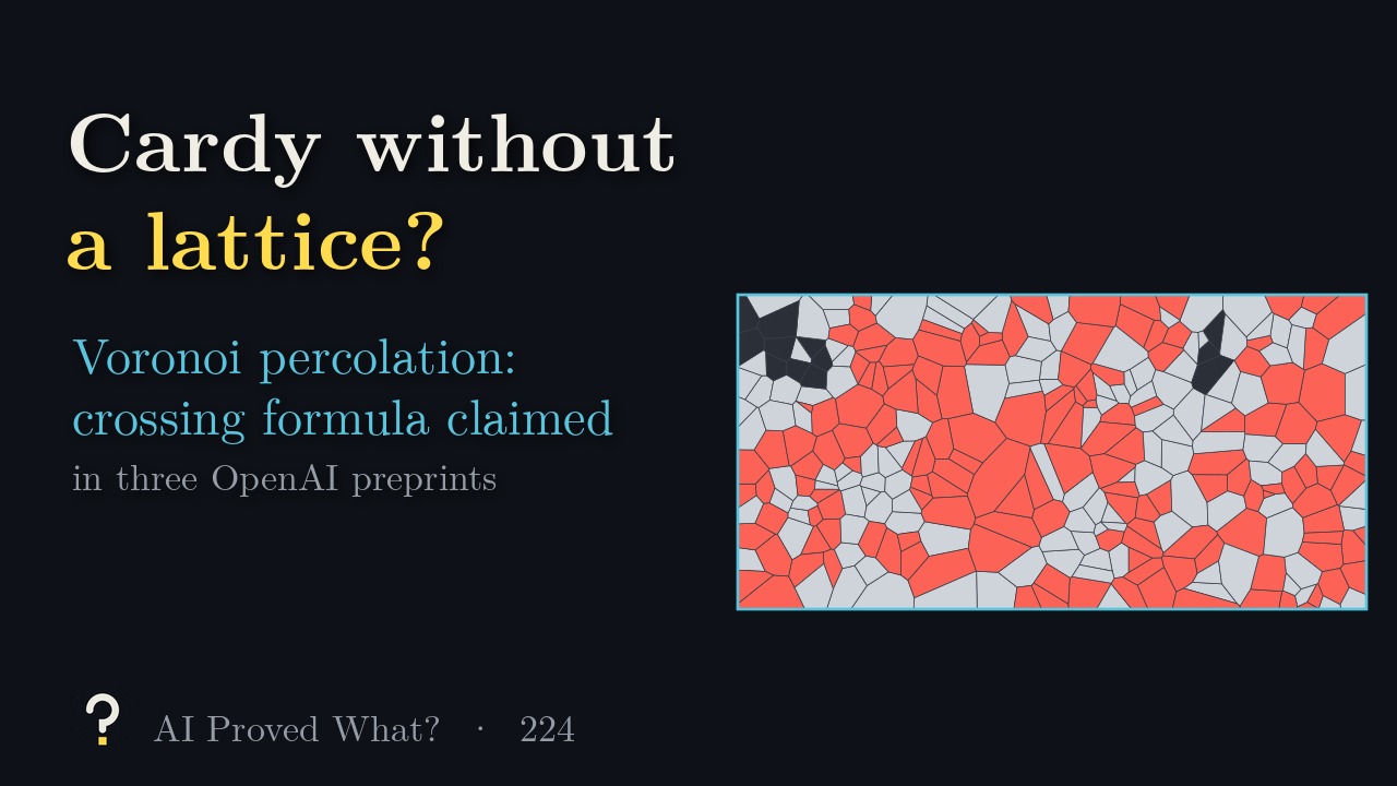 Play Episode 224: Cardy without a lattice? Random Voronoi cells with a black crossing cluster in red.