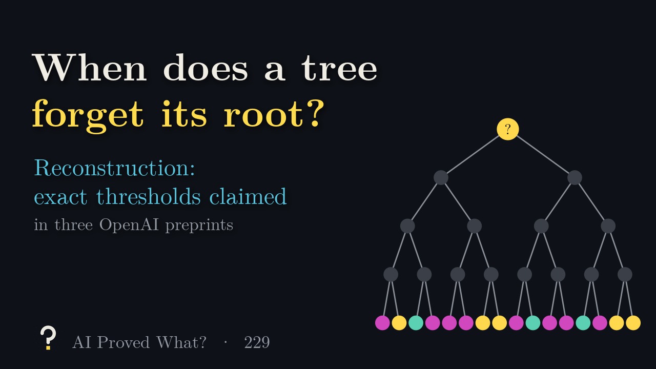 Play Episode 229: When does a tree forget its root? A binary tree with a hidden root and coloured leaves.