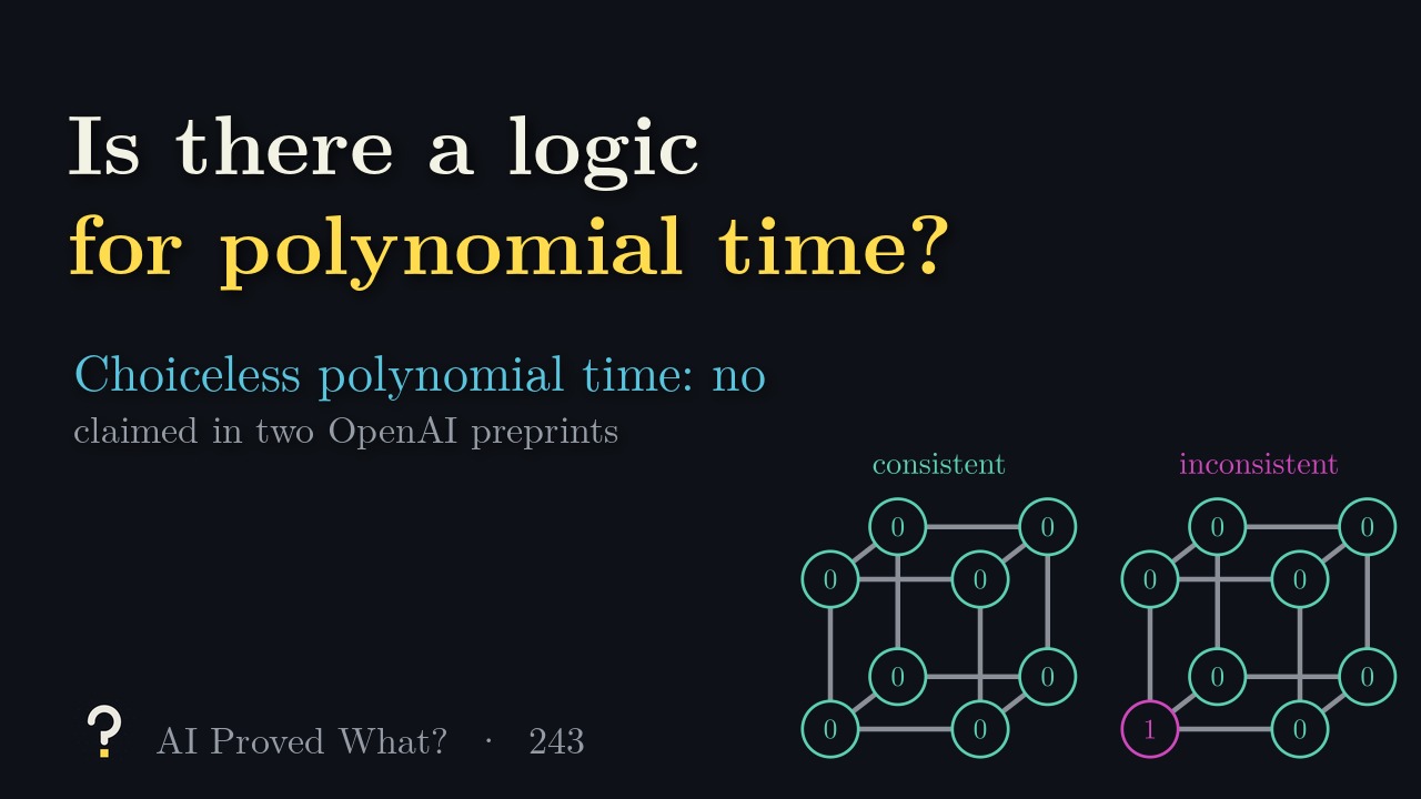 Play Episode 243: Is there a logic for polynomial time? Two small charged grids, one consistent and one inconsistent.