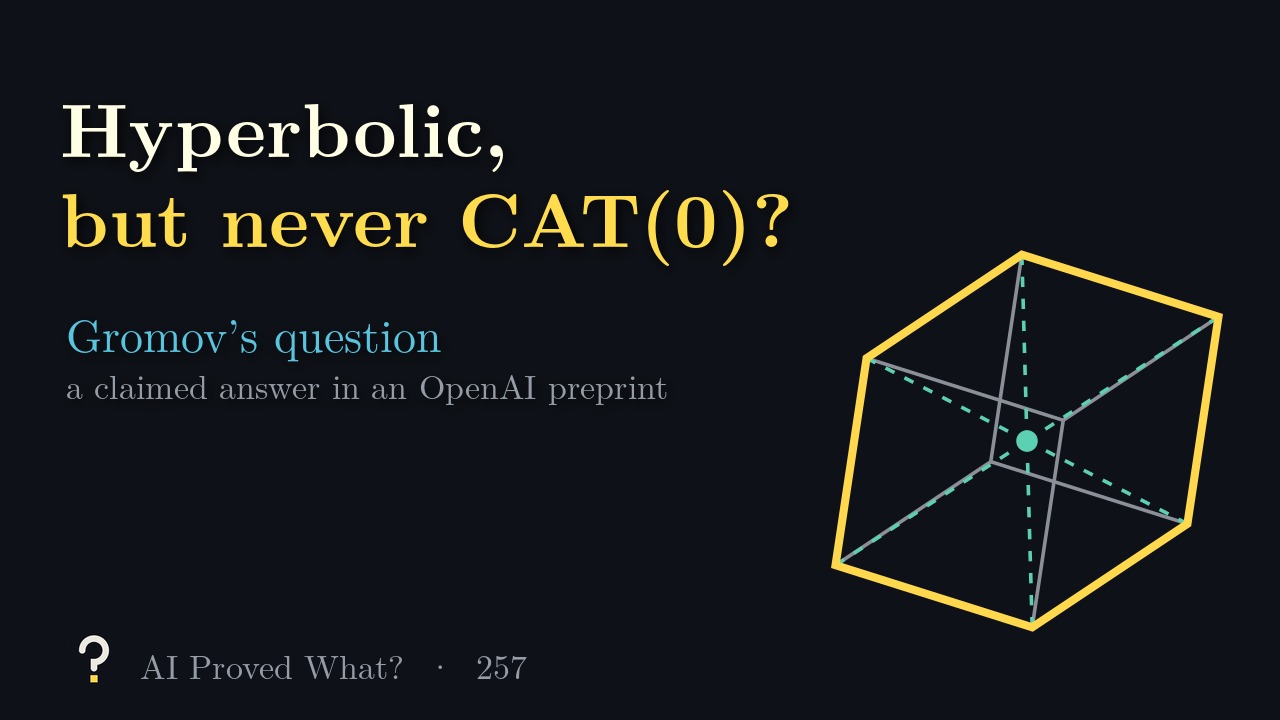 Play Episode 257: Hyperbolic, but never CAT(0)? A unit cube with a zigzag hexagon of its edges and dashed lines from its center.