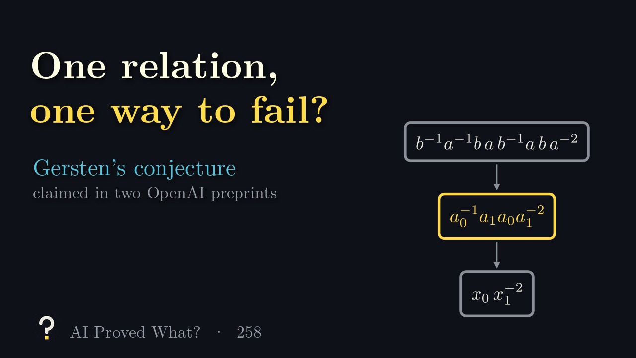 Play Episode 258: One relation, one way to fail? Three boxed relators of lengths 9, 5 and 3, joined by arrows, the middle one highlighted.