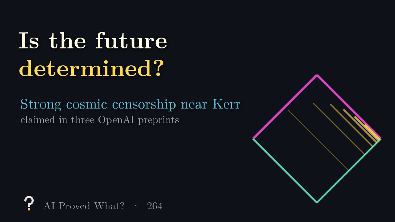 Play Episode 264: Is the future determined? A diamond-shaped Penrose diagram with teal event horizons below, pink Cauchy horizons above, and gold lines piling up at the right.