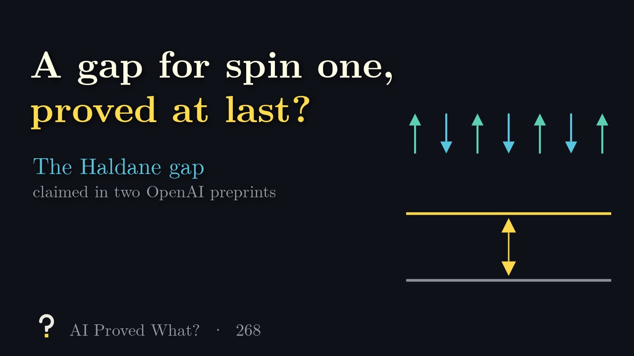 Play Episode 268: A gap for spin one, proved at last? A row of alternating up and down arrows above two energy levels with a gap between them.