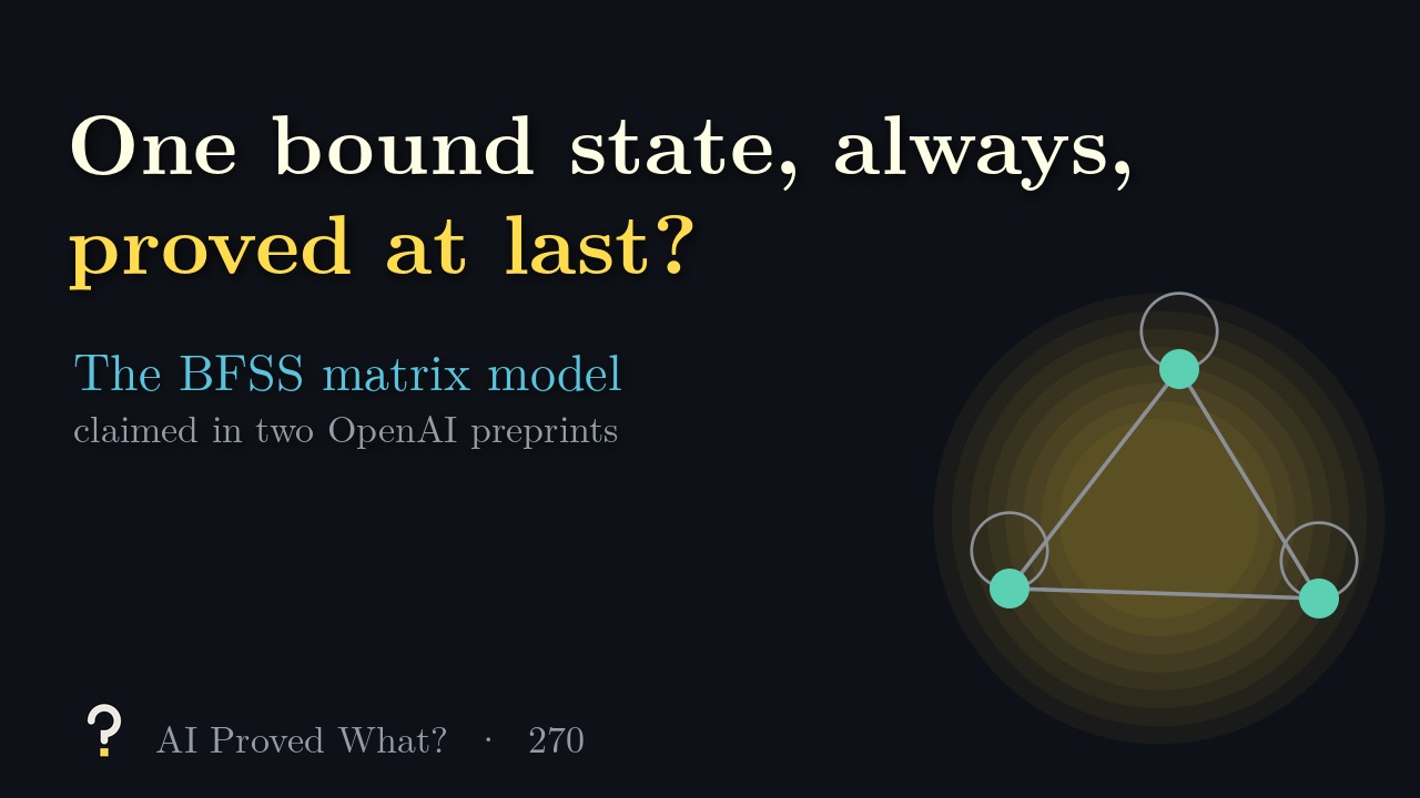 Play Episode 270: One bound state, always, proved at last? Three teal particles joined by strings inside a soft gold glow.