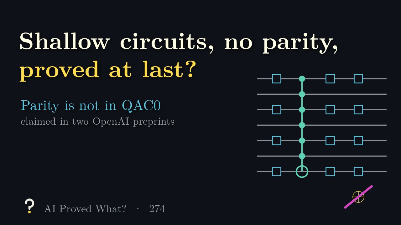 Play Episode 274: Shallow circuits, no parity, proved at last? Quantum circuit wires with one giant Toffoli gate and a crossed-out parity symbol.