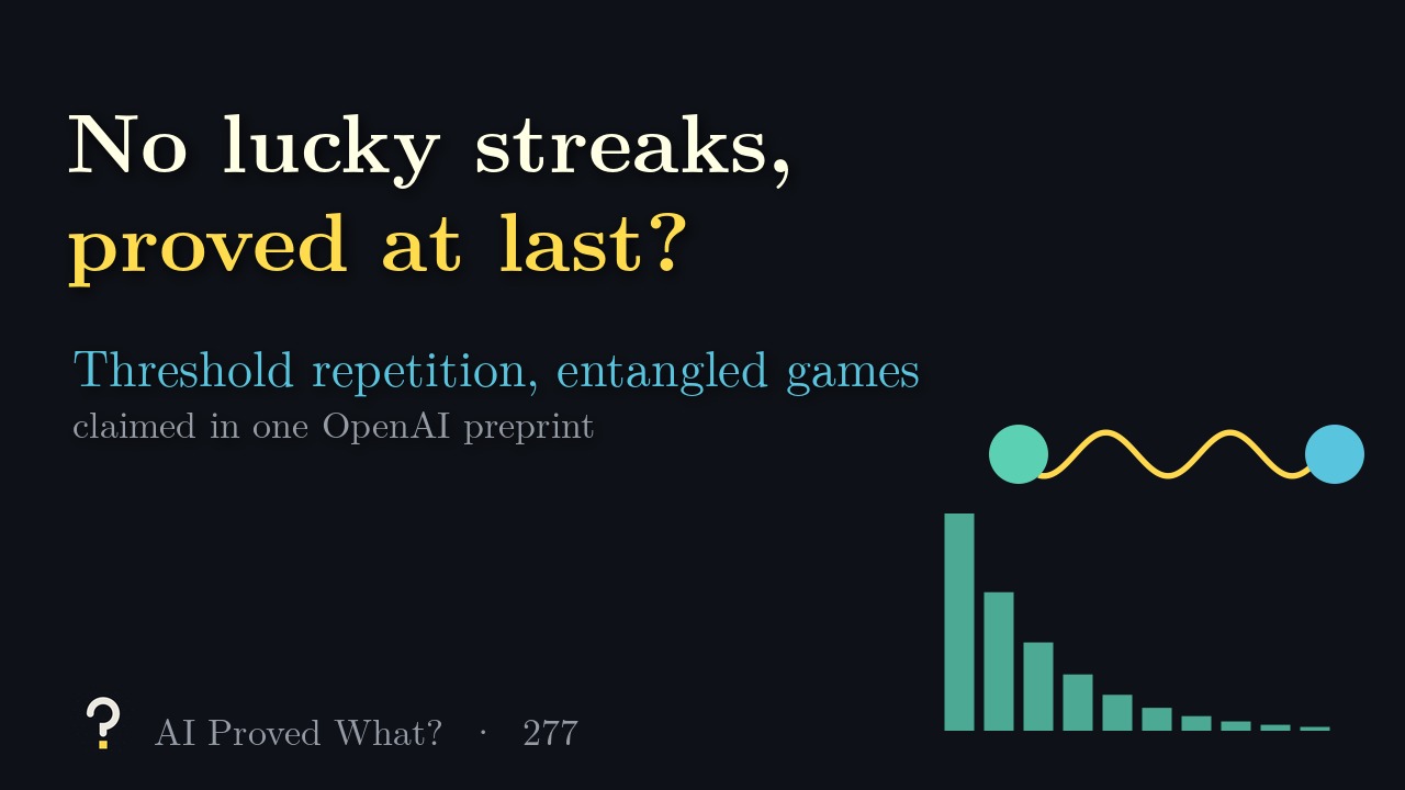 Play Episode 277: No lucky streaks, proved at last? Two players joined by a gold wave above a row of shrinking teal bars.