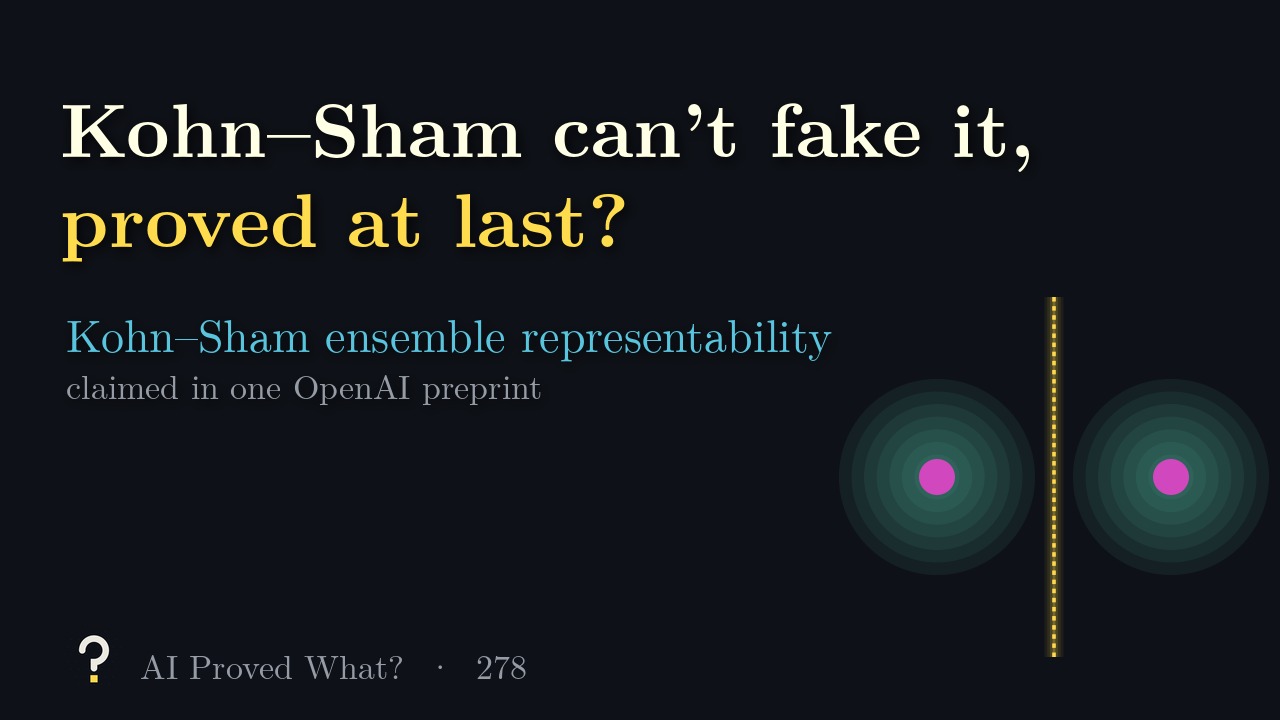 Play Episode 278: Kohn–Sham can’t fake it, proved at last? Two nuclei with teal electron clouds and a glowing gold mirror plane between them.