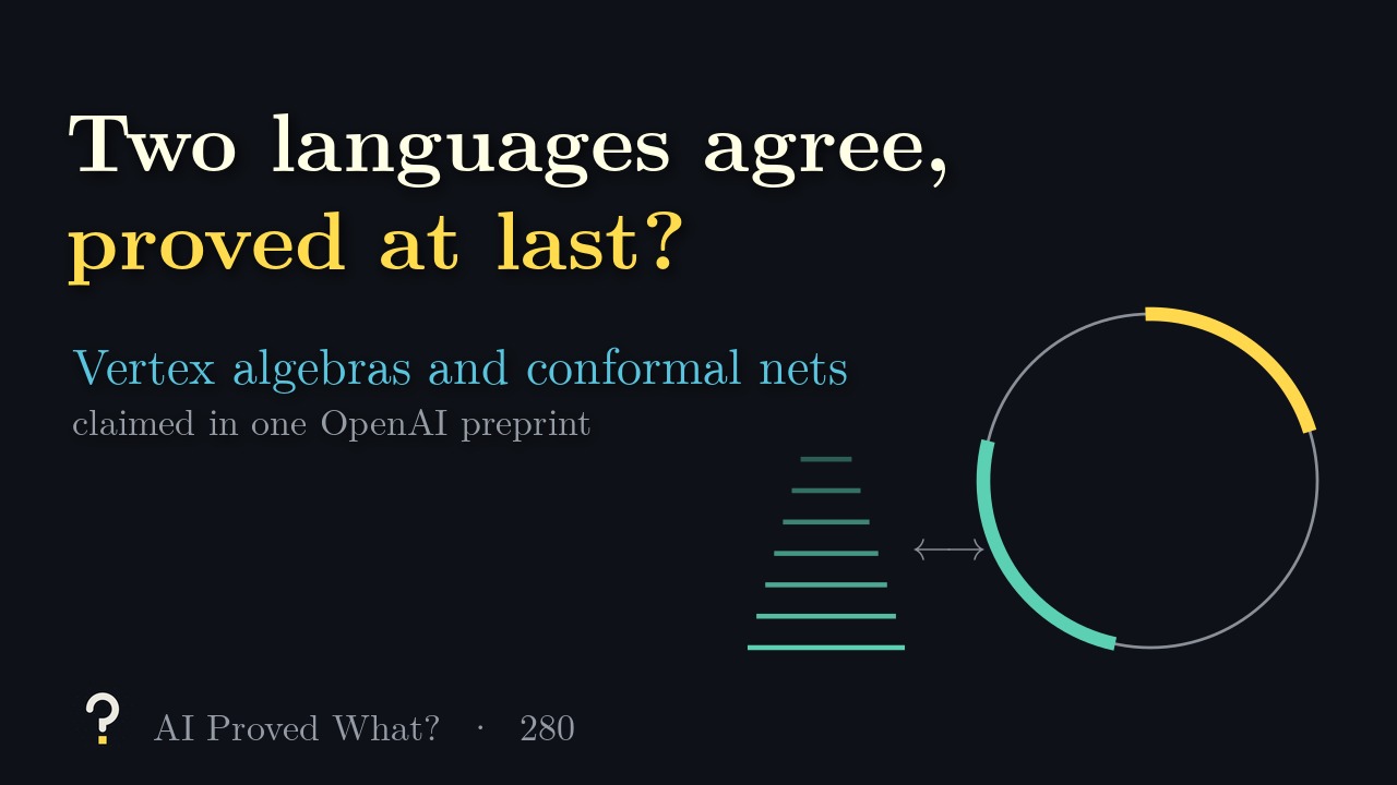 Play Episode 280: Two languages agree, proved at last? A circle with two lit arcs facing a stack of teal lines.