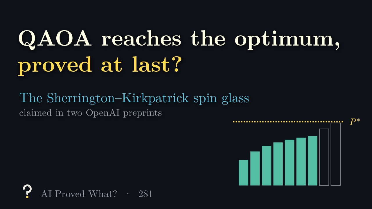 Play Episode 281: QAOA reaches the optimum, proved at last? Teal bars rising toward a dashed gold line marked P*.