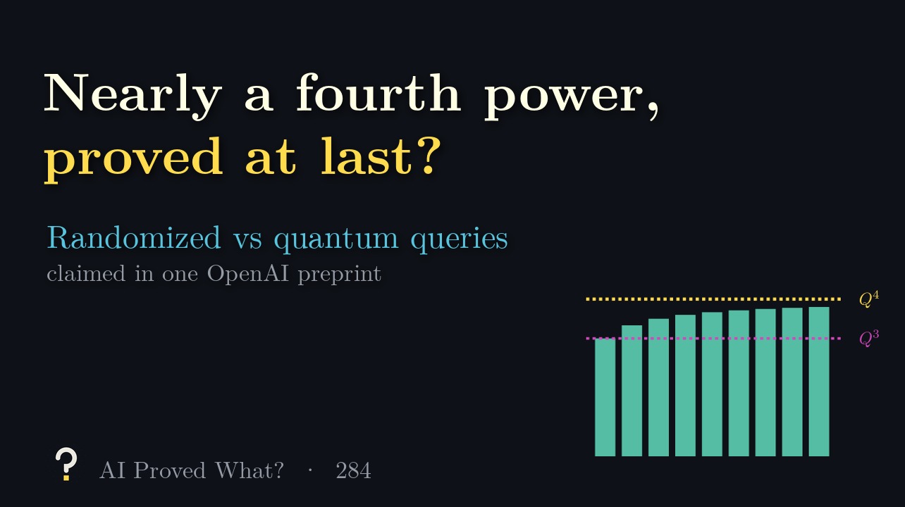 Play Episode 284: Nearly a fourth power, proved at last? Teal bars rising past a pink dashed line marked Q cubed toward a gold one marked Q to the fourth.
