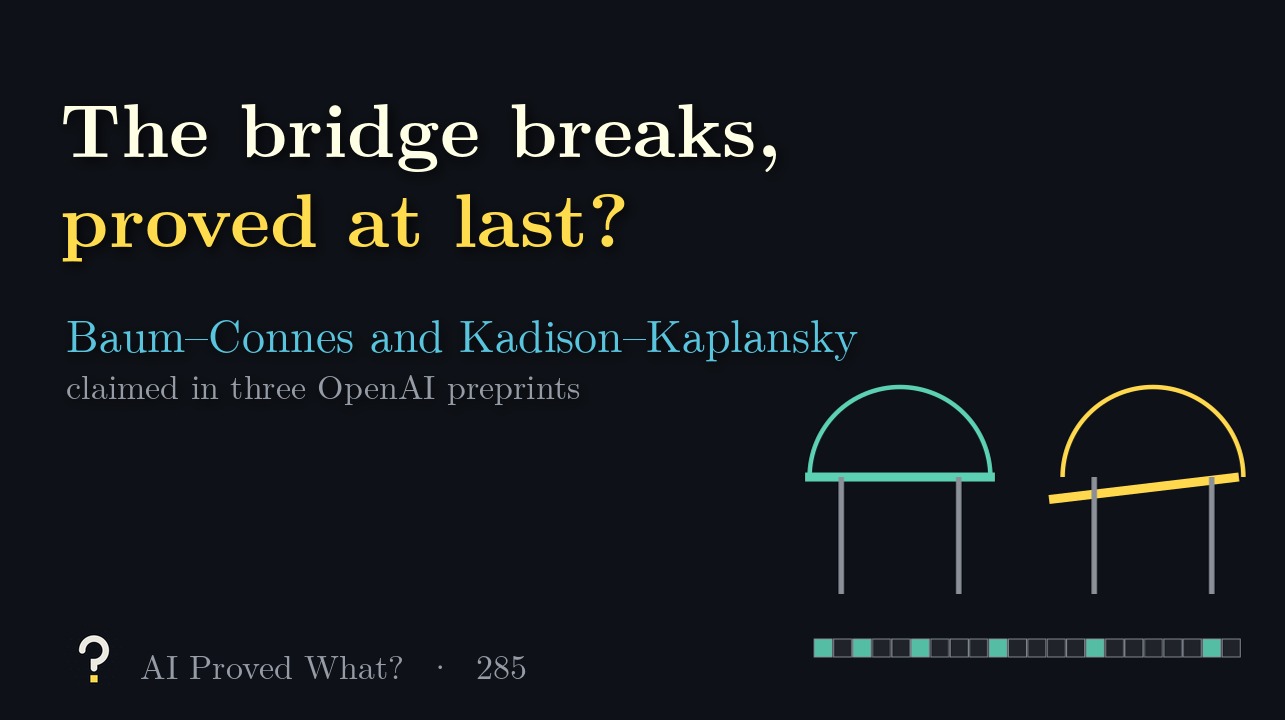 Play Episode 285: The bridge breaks, proved at last? Two bridge spans, one teal and intact, one gold and tilted, above a strip of digits.