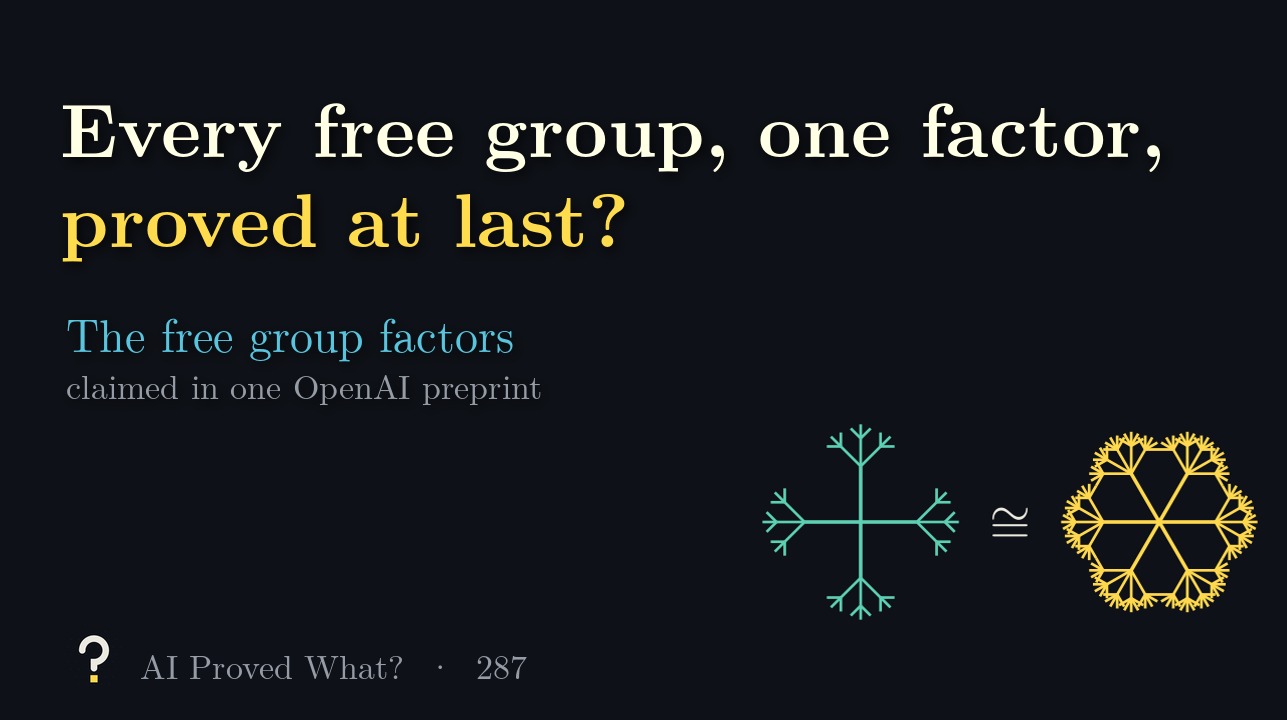 Play Episode 287: Every free group, one factor, proved at last? A teal four-way tree and a gold six-way tree joined by an isomorphism sign.