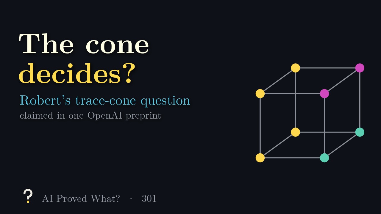 Play Episode 301: The cone decides? A cube, the trace cone of three points, with its eight corners marked.