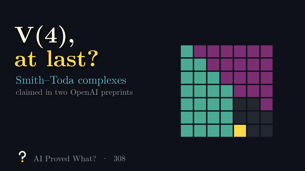 Play Episode 308: V(4), at last? A grid of coloured squares, the table of known Smith–Toda complexes, with one gold square for V(4) at 1009.