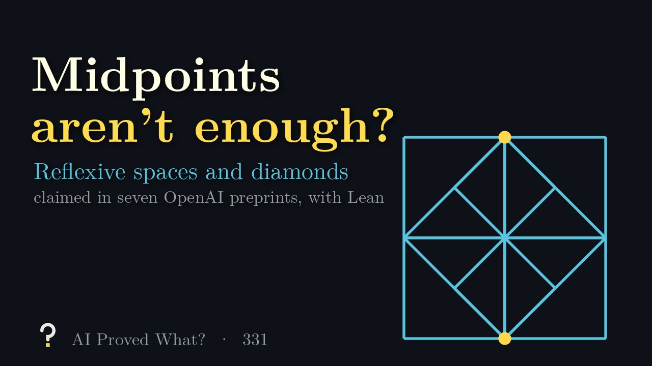 Play Episode 331: Midpoints aren’t enough? A blue diamond graph, each edge split into three two-edge paths twice, between two yellow endpoints.